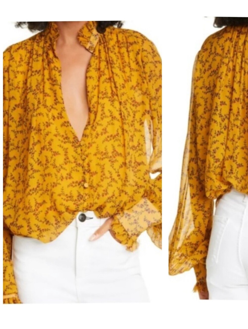 Jonathan Simkhai Silk Chiffon Yellow Floral Blouse Size M